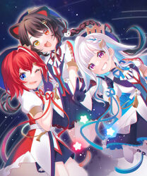  3girls :d absurdres ange_katrina animal_ears animal_hair_ornament ben-day_dots beret blue_background blue_eyes blue_gloves blue_hair blue_hat blue_ribbon blue_shorts blue_skirt braid brown_hair chromatic_aberration colored_inner_hair commentary_request contrast_lapels cope_totto crown_hat_ornament dog_ears dog_girl fangs finger_counting flower frilled_skirt frills gloves grin group_picture hair_flower hair_intakes hair_ornament hat heterochromia highres idol_clothes index_finger_raised inui_toko inward_v jacket lapels light_particles lize_helesta long_hair looking_at_viewer low_twin_braids medium_hair middle_w miniskirt multicolored_hair multiple_girls neck_ribbon nijisanji one_eye_closed open_mouth outline pleated_skirt puffy_short_sleeves puffy_sleeves purple_ribbon red_eyes red_hair red_ribbon ribbon sanbaka_(nijisanji) sanbaka_anniversary_outfit screentones short_sleeves shorts single_hair_intake skirt sky smile star_(sky) star_(symbol) starry_sky streaked_hair tassel triangle_hair_ornament twin_braids two-tone_hair v violet_eyes virtual_youtuber w white_hair white_jacket white_outline white_wrist_cuffs wrist_cuffs wrist_ribbon yellow_eyes 