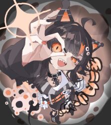  1girl ahoge animal_ear_headphones animal_ears asymmetrical_legwear asymmetrical_sleeves bandaid bandaid_on_leg bare_shoulders bat_wings belt black_choker black_hair black_nails black_shoes black_sweater cat_ear_headphones cat_ears choker cross-laced_clothes cross-laced_dress dress eyeball_hair_ornament fake_animal_ears from_above full_body headphones layered_dress leg_belt long_sleeves looking_at_viewer loose_socks mahou_shoujo_no_majo_saiban multicolored_hair nail_polish off-shoulder_sweater off_shoulder ok_sign ok_sign_over_eye open_mouth orange_eyes orange_nails sawatari_coco shirt shoes short_hair single_bare_shoulder single_thighhigh skirt skull slit_pupils smile socks solo streaked_hair striped_clothes striped_sleeves striped_thighhighs stuffed_animal stuffed_cat stuffed_toy sweater teeth thigh-highs thumpthum white_shirt white_skirt wide_sleeves wings 