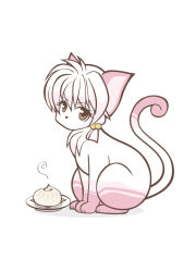  amelie bell cat commentary_request dumpling food hair_bell hair_ornament pink_fur plate ranma_1/2 shampoo_(cat) simple_background two-tone_fur white_background white_fur 