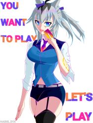  animal_ears blue_eyes blue_suit card commentary cosplay english_commentary garter_belt garter_straps grey_hair highres horse_ears horse_girl navel oguri_cap_(umamusume) ponytail suit thighs umamusume valorant 