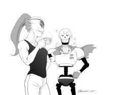  1boy 1girl blush_stickers cape closed_eyes commentary_request cowboy_shot cup fins fish_girl furry furry_female hand_on_own_hip head_fins holding holding_cup male_underwear micchan_sense notice_lines pants papyrus_(undertale) ponytail shirt simple_background skeleton sleeveless sleeveless_shirt small_sweatdrop smile teacup teeth toned toned_female torn_cape torn_clothes twitter_username undertale underwear undyne utdr_(toby_fox) 