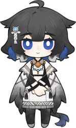  1girl ahoge arknights artist_request bird_tail black_hair black_pantyhose blue_eyes blue_hair chibi closed_mouth dress full_body grey_shoes hair_ornament highres jewelry kjera_(arknights) long_sleeves looking_at_viewer multicolored_hair necklace official_art own_hands_together pantyhose shoes simple_background smile solo standing straight-on tail third-party_source transparent_background two-tone_hair white_dress 