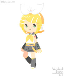  1girl belt black_sailor_collar black_shorts blonde_hair bon_bon_eee bow bow_hairband chibi chibi_only commentary copyright_name detached_sleeves english_commentary full_body green_eyes hair_ornament hairband hairclip headset highres kagamine_rin looking_at_viewer neckerchief number_tattoo parallel_hairclips sailor_collar shirt short_hair shorts shoulder_tattoo simple_background sleeveless sleeveless_shirt smile solo tattoo twitter_username vocaloid white_background white_bow white_hairband white_shirt yellow_belt yellow_neckerchief 