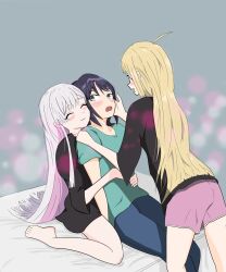  3girls barefoot black_hair blonde_hair blush cho_kaguya-hime! closed_eyes commentary green_eyes hand_on_another's_cheek hand_on_another's_face hand_on_another's_head highres hug hug_from_behind imlerith_(user_xuhk2787) kaguya_(cho_kaguya-hime!) long_hair looking_at_another medium_hair mole mole_under_eye multicolored_hair multiple_girls open_mouth pink_hair red_eyes runami_yachiyo sakayori_iroha saliva sitting smile straight_hair two-tone_hair very_long_hair white_hair yuri 