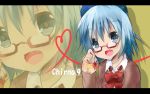  &#9320; :d ? alternate_costume bespectacled blue_eyes blue_hair bow bust character_name cirno fang female glasses hair_bow heart heart_of_string kuromu_(underporno) letterboxed open_mouth school_uniform short_hair smile solo touhou zoom_layer ã¢â€˜â¨ â‘¨ 