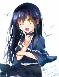  1girl :d ;d black_camisole black_choker black_hair black_hairband black_skirt blue_capelet blush bone_hair_ornament camisole capelet choker commentary_request cowboy_shot dated_commentary frilled_capelet frilled_choker frills hair_ornament hairband hand_up happy index_finger_raised kushima_kamome long_hair looking_at_viewer one_eye_closed open_mouth ringed_eyes simple_background skirt skull_and_crossbones skull_hair_ornament smile solo sparkle straight_hair summer_pockets teeth translated upper_teeth_only very_long_hair white_background yellow_eyes zuzuhashi 