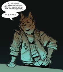  1boy absurdres animal_ears closed_mouth commentary english_commentary english_text fox_boy fox_ears fox_mccloud furry furry_male highres looking_to_the_side male_focus mashtateos smile smirk speech_bubble star_fox star_fox_(2026) 