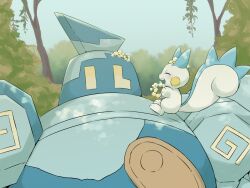  closed_eyes commentary_request day flower flower_wreath golurk happy matata no_humans open_mouth outdoors pachirisu pokemon pokemon_(creature) pokemon_focus tree 
