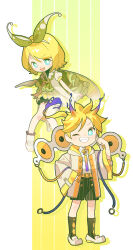  1boy 1girl :d absurdres antenna_hair belt black_bow black_shorts black_skirt black_socks blonde_hair blue_eyes blush bon_bon_eee boots bow brown_jacket cape chibi chibi_only commentary_request drop_shadow gradient_background green_background green_cape hair_bow hairband highres jacket kagamine_len kagamine_rin kneehighs magical_mirai_(vocaloid) magical_mirai_len magical_mirai_len_(2021) magical_mirai_rin magical_mirai_rin_(2021) medium_hair official_alternate_costume one_eye_closed open_clothes open_jacket open_mouth parted_bangs shirt shoes short_hair short_sleeves shorts sidelocks skirt smile socks striped_background teeth vocaloid white_background white_boots white_hairband white_shirt white_shoes yellow_background yellow_belt 