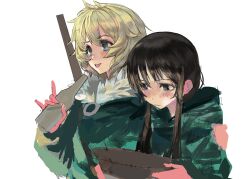 2girls black_eyes black_hair blonde_hair blue_eyes bottle chinese_commentary chito_(shoujo_shuumatsu_ryokou) commentary_request fur-trimmed_hood fur_trim green_jacket highres holding holding_bottle hood jacket long_hair long_sleeves multiple_girls open_mouth shoujo_shuumatsu_ryokou simple_background smile twintails upper_body white_background yang_yu_sanjiao yuuri_(shoujo_shuumatsu_ryokou) 