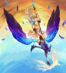  absurdres anonymous_drawfag armor armored_dress bare_shoulders crown detached_sleeves drawfag feathers greaves gwendolyn highres long_hair odin_sphere polearm purple_eyes solo spear violet_eyes weapon white_hair wings 