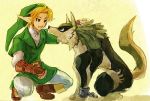  belt blonde_hair blue_eyes brown_eyes dual_persona earrings gauntlets gloves hat jewelry kiri_tampo link link_(wolf) long_pointy_ears male nintendo ocarina_of_time pointy_ears smile squatting the_legend_of_zelda time_paradox tunic twilight_princess wolf 