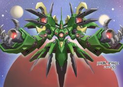  arm_cannon baran_schnile character_name commentary_request dated dual_arm_cannons extra_arms full_body highres looking_at_viewer mecha mecha_focus no_humans official_artist_extra oyomesandazo planet robot shoulder_cannon signature solo space star_(sky) straight-on super_robot_wars super_robot_wars_original_generation weapon 