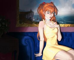  1girl absurdres aegyo_sal bare_shoulders blue_choker blue_eyes choker collarbone commentary couch dress english_commentary fingernails flower flower_pot flower_request hair_between_eyes hair_ornament hand_on_own_chest highres indoors light_blush lips long_hair looking_at_viewer neon_genesis_evangelion on_couch orange_hair painting_(object) red_pupils reiss_art sitting solo souryuu_asuka_langley thighs yellow_dress 