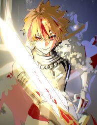  1boy armor blonde_hair cape excalibur_(fate/strange_fake) fate/strange_fake fate_(series) fur-trimmed_cape fur_trim glowing glowing_sword glowing_weapon hair_between_eyes highres hina_nnn holding holding_sword holding_weapon looking_at_viewer male_focus multicolored_hair red_cape red_eyes red_hair richard_i_(fate) smile solo streaked_hair sword weapon 