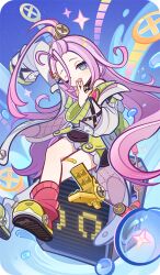  1girl aino_(genshin_impact) arm_behind_head asymmetrical_legwear bad_source bandaid bandaid_on_leg crossed_legs floating_hair forehead genshin_impact green_slippers hand_up long_hair long_sleeves mismatched_legwear official_art one_eye_closed open_mouth pink_hair red_socks sitting slippers socks solo tearing_up very_long_hair white_socks yawning 