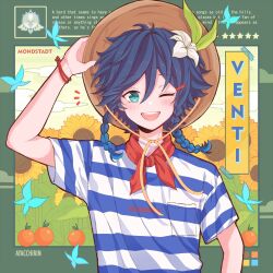  1boy aqua_eyes aqua_hair ayacchirin black_hair blue_shirt braid character_name flower food fruit genshin_impact gradient_hair hair_flower hair_ornament hat highres male_focus multicolored_hair neckerchief one_eye_closed open_mouth orange_(fruit) red_neckerchief shirt short_sleeves simple_background smile solo striped_clothes striped_shirt sunflower twin_braids venti_(genshin_impact) white_shirt 