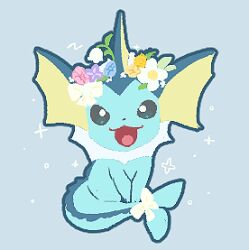  :d animal_focus black_eyes blue_background blue_flower blue_fur bow bright_pupils cetacean_tail chibi commentary_request fins fish_tail flower full_body head_fins head_wreath joo_gumoon korean_commentary looking_at_viewer lowres no_humans open_mouth pokemon pokemon_(creature) pokemon_focus simple_background sitting smile solo tail vaporeon white_bow white_flower white_pupils 