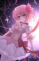  1girl absurdres bow choker collarbone commentary dress dress_bow gloves hair_bow highres kaname_madoka kaname_madoka_(magical_girl) looking_at_viewer magical_girl mahou_shoujo_madoka_magica mahou_shoujo_madoka_magica_(anime) outstretched_arms pink_bow pink_choker pink_dress pink_eyes pink_hair pink_ribbon puffy_short_sleeves puffy_sleeves ribbon shiyan_ying short_sleeves short_twintails sky smile solo soul_gem spread_arms square_neckline star_(sky) starry_sky twintails two-tone_dress untranslatable_commentary white_dress white_gloves 