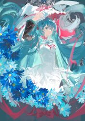  1girl absurdres aqua_eyes aqua_hair arm_up black_sleeves blue_flower bow commentary detached_sleeves dress flower fogstars hair_ornament hat hatsune_miku highres looking_at_viewer red_bow solo twintails vocaloid white_dress white_hat x_hair_ornament 