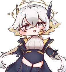  1girl ahoge blonde_hair blue_coat blue_thighhighs cardigan_partially_removed chibi coat commentary cropped_sweater gradient_hair grey_eyes grey_hair halo halo_behind_head low_twintails multicolored_hair multiple_halos renewa_(trickcal) robot_ears sleeveless sleeveless_sweater sweater thigh-highs tmy5h4 trickcal twintails white_sweater 
