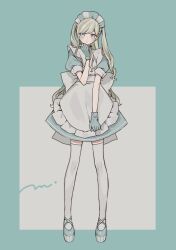  1girl apron aqua_eyes aqua_gloves aqua_shoes aqua_skirt blonde_hair blush commentary dot_nose gloves hand_up highres long_hair maco22 maid maid_apron maid_headdress miniskirt open_mouth original puffy_short_sleeves puffy_sleeves shoes short_sleeves simple_background skirt solo thigh-highs two-tone_headdress two_side_up untranslatable_commentary white_apron white_thighhighs 