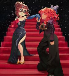  ! 2girls absurdres black_dress black_jacket black_pants blue_bow blue_gloves bow brown_hair commentary curly_hair dress elbow_gloves english_commentary gloves gold_shoes hair_bow hair_bun highres holding_hands jacket multiple_girls pants photo-referenced pomni_(the_amazing_digital_circus) ragatha_(the_amazing_digital_circus) red_gloves red_hair sallomezz shoes side_slit smile stairs the_amazing_digital_circus yuri 
