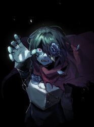 1other arm_up armor black_background black_hair blue_flower blue_rose blue_skin breastplate cape colored_skin commentary deltarune flower flower_over_eye kris_(dark_world)_(deltarune) kris_(deltarune) mole mole_under_mouth other_focus pink_cape reaching red_eyes rose short_hair shout_ing solo utdr_(toby_fox) 