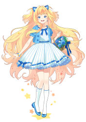  1girl animal_ears basket bead_bracelet beads blonde_hair blue_bow blue_bowtie blue_dress blue_eyes blue_flower blue_nails blue_shirt blue_shoes bon_bon_eee bow bowtie bracelet cat_ears commentary dress dress_bow earrings flower full_body highres holding holding_basket jewelry long_hair looking_at_viewer open_clothes open_mouth open_shirt seeu shirt shoes signature smile socks solo standing star_(symbol) striped_clothes striped_dress teeth two-tone_dress upper_teeth_only vertical-striped_clothes vertical-striped_dress very_long_hair vocaloid white_dress white_socks 