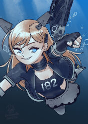  1girl aqua_eyes black_gloves black_jacket black_one-piece_swimsuit commentary english_commentary freediving gloves grey_skirt grin headgear highres jacket kantai_collection long_hair one-hour_drawing_challenge one-piece_swimsuit orange_hair ron_(pixiv83091338) salmon_(kancolle) skirt smile solo swimsuit swimsuit_under_clothes underwater 