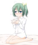  ahoge bare_legs barefoot blue_eyes blush bottomless contemporary cup daiyousei edamame_(barium) green_hair hair_ribbon heart_ahoge highres naked_shirt no_pants no_wings ribbon side_ponytail simple_background sitting solo touhou wariza white_background 