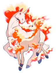  2others animal_ears artist_name closed_mouth commentary dated english_commentary fiery_hair fiery_tail fire garolineart highres hooves horns horse horse_ears looking_at_another multiple_others no_humans pokemon pokemon_(creature) ponyta rapidash single_horn smile tail white_background 