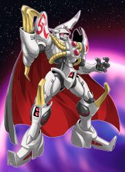  1boy acrodevil black_cape cape chiisana_kyojin_microman:_uborg_senki_2010 claws commentary_request full_body hand_up highres horns humanoid_robot male_focus microman official_artist_extra oyomesandazo planet red_cape red_eyes robot single_horn solo space standing star_(sky) two-sided_cape two-sided_fabric 