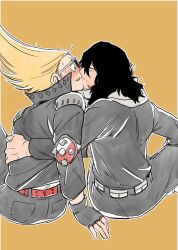  aizawa_shota beard_stubble belt black_gloves black_hair black_jacket black_jumpsuit blonde_hair blush boku_no_hero_academia commentary_request crested_hair eyewear_on_head facial_hair gloves grey_scarf highres holding_another's_waist jacket jumpsuit kiss korean_commentary leather leather_jacket long_hair mustache mustache_stubble present_mic scarf sharks_line sitting sparse_stubble stubble studded_belt studs surprise_kiss surprised white-framed_eyewear 