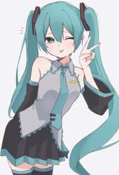  1girl absurdres aqua_eyes aqua_hair aqua_nails aqua_necktie bare_shoulders black_skirt black_sleeves breasts detached_sleeves grey_shirt hatsune_miku highres long_hair looking_at_viewer necktie one_eye_closed saka_(sa_ka) shirt simple_background skirt small_breasts tongue tongue_out twintails v very_long_hair vocaloid white_background 