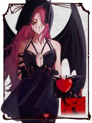  1girl alien_stage bare_shoulders black_dress black_veil black_wings commentary demon_girl demon_wings dress hair_over_one_eye heart highres long_hair looking_to_the_side makeup mizi_(alien_stage) official_alternate_costume own_hands_together parted_lips pink_hair runny_makeup sleeveless sleeveless_dress solo veil very_long_hair wings yellow_eyes zlepyun 