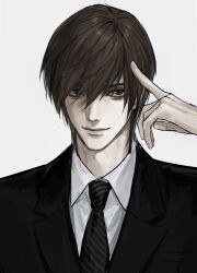  1boy 3367e absurdres black_jacket black_necktie brown_eyes brown_hair chinese_commentary closed_mouth collared_shirt commentary_request death_note diagonal-striped_clothes diagonal-striped_necktie hair_between_eyes highres jacket looking_at_viewer male_focus necktie photo-referenced portrait shirt short_hair simple_background smile solo striped_clothes striped_necktie white_background white_shirt yagami_light 
