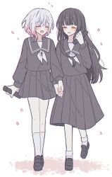  2girls absurdres black_hair black_sailor_collar black_serafuku black_shoes black_skirt closed_eyes closed_mouth commentary_request eh_1315 falling_petals fang gradient_hair highres holding holding_hands korean_commentary long_hair long_sleeves mahou_shoujo_no_majo_saiban multicolored_hair multiple_girls neckerchief nikaido_hiro open_mouth petals pink_hair sailor_collar sakuraba_ema school_uniform serafuku shoes short_hair simple_background skirt smile socks white_background white_hair white_neckerchief white_socks yuri 