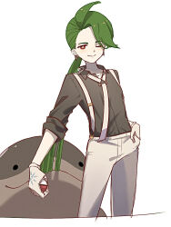  1girl alternate_color androgynous brown_shirt clodsire commentary_request earrings gloves green_hair hand_in_pocket holding holding_poke_ball jewelry looking_at_viewer one_eye_closed poke_ball poke_ball_(basic) pokemon pokemon_masters_ex red_eyes rika_(pokemon) shirt signature simple_background suspenders tomei_(hantome1dayo) triangle_earrings white_background white_gloves 