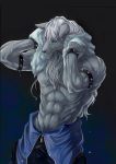  blue_eyes canal001 furry long_hair male muscle pants precure shirtless smile_precure! solo towel werewolf white_hair wolfrun 