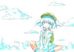  backpack bag blue_eyes blue_hair blush_stickers cloud clouds hair_bobbles hair_ornament hat indian_style kawashiro_nitori key shirodama sitting sketch smile solo touhou twintails 