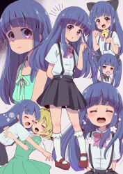  2girls animal_ears bell black_skirt blonde_hair blue_hair blush blush_stickers bow bowtie cat_ears closed_eyes commentary_request dress furude_rika green_dress higurashi_no_naku_koro_ni houjou_satoko jingle_bell juugoya_neko long_hair multiple_girls multiple_views open_mouth pink_bow pink_bowtie red_shoes school_uniform shirt shoes short_sleeves skirt smile socks suspender_skirt suspenders violet_eyes white_shirt white_socks 