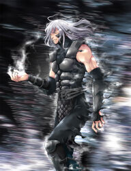 1boy 2013 gento long_hair male male_focus mortal_kombat mortal_kombat_9 motion_blur motion_lines ninja pixiv smoke smoke_(mortal_kombat) solo solo_focus white_hair