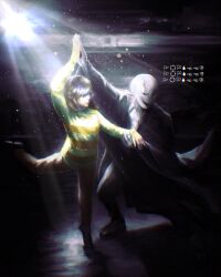  1boy 1other aswn00 black_coat brown_hair brown_pants coat collared_shirt commentary dancing deltarune english_commentary green_shirt hair_over_eyes highres kris_(deltarune) pants shirt smile striped_clothes striped_shirt utdr_(toby_fox) w.d._gaster weird_route_(deltarune) white_shirt wingdings 