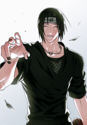  1boy armor black_feathers black_hair black_headband black_nails black_shirt chainmail closed_eyes facial_mark facing_viewer falling_feathers feathers headband highres jewelry konohagakure_symbol male_focus nail_polish naruto_(series) naruto_shippuuden necklace parted_bangs parted_lips ring ring_necklace shirt smile solo tektek070 uchiha_itachi upper_body white_background 
