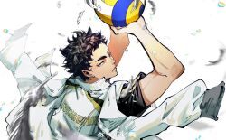  1boy akaashi_keiji arms_up ball black_hair chinese_commentary commentary_request falling_feathers feathers from_behind fukurodani_volleyball_uniform grey_eyes haikyuu!! highres holding holding_ball jacket jacket_on_shoulders looking_at_viewer looking_back male_focus short_hair simple_background solo sportswear track_jacket upper_body volleyball_(object) volleyball_uniform white_background white_jacket yuan_jessie0430 