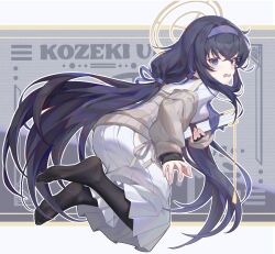  1girl absurdres black_hair black_pantyhose blue_archive book brown_halo cardigan commentary_request crossed_bangs dongxu grey_cardigan hair_between_eyes hairband halo highres holding holding_book long_hair looking_at_viewer neckerchief open_cardigan open_clothes open_mouth pantyhose purple_hairband purple_neckerchief soles solo ui_(blue_archive) violet_eyes 