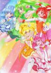  5girls aoki_reika armpits bike_shorts blonde_hair blue_eyes blue_hair blush candy_(smile_precure!) choker cure_beauty cure_happy cure_march cure_peace cure_sunny double_v dress electricity embarrassed green_eyes green_hair grin hair_tubes head_wings highres hino_akane hoshizora_miyuki imarikiriki kise_yayoi long_hair magical_girl midorikawa_nao multiple_girls open_mouth orange_eyes orange_hair outstretched_arm pink_hair ponytail precure rainbow_background short_hair skirt smile smile_precure! sparkle tiara traditional_media twintails v v_arms wrist_cuffs yellow_eyes 