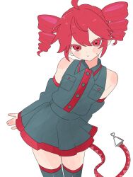  1girl :< ahoge blush_stickers closed_mouth cowboy_shot drill_hair grey_shirt grey_skirt grey_thighhighs heart heart-shaped_pupils highres kasane_teto kasane_teto_(utau) komori_kamome looking_at_viewer miniskirt red_eyes red_hair shirt short_hair simple_background skirt sleeveless sleeveless_shirt solo symbol-shaped_pupils thigh-highs twin_drills utau white_background zettai_ryouiki 
