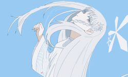  1girl blue_archive blue_background closed_mouth colored_eyelashes commentary_request from_side grey_eyes hair_ornament halo hand_up head_tilt highres hiroseisagood japanese_clothes kimono long_hair looking_at_viewer nagusa_(blue_archive) shaft_look simple_background snowflake_hair_ornament snowflake_halo solo upper_body white_hair white_halo white_kimono 